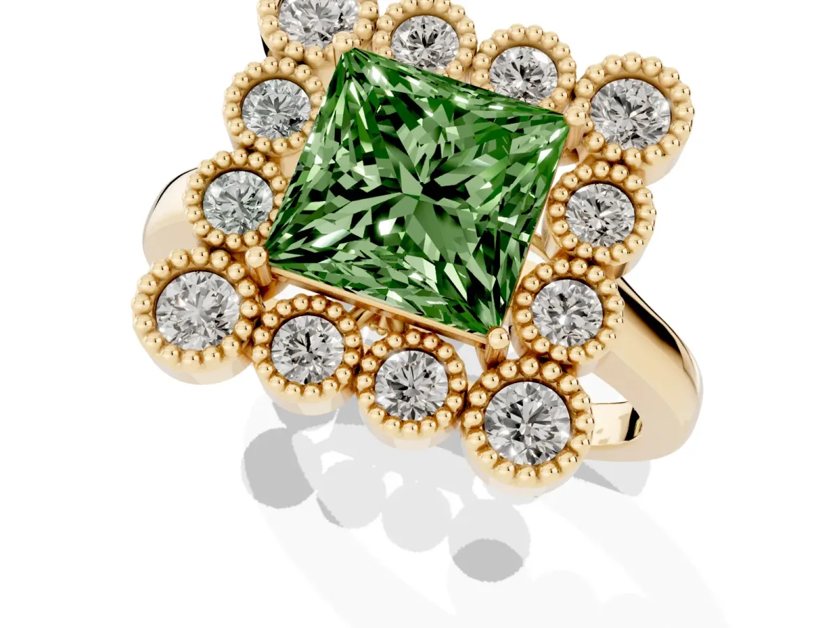 Fancy Green Princess Cut Halo Diamond Cluster Engagement Ring with Milgrain Bezel Setting and Solitaire Band Yellow gold