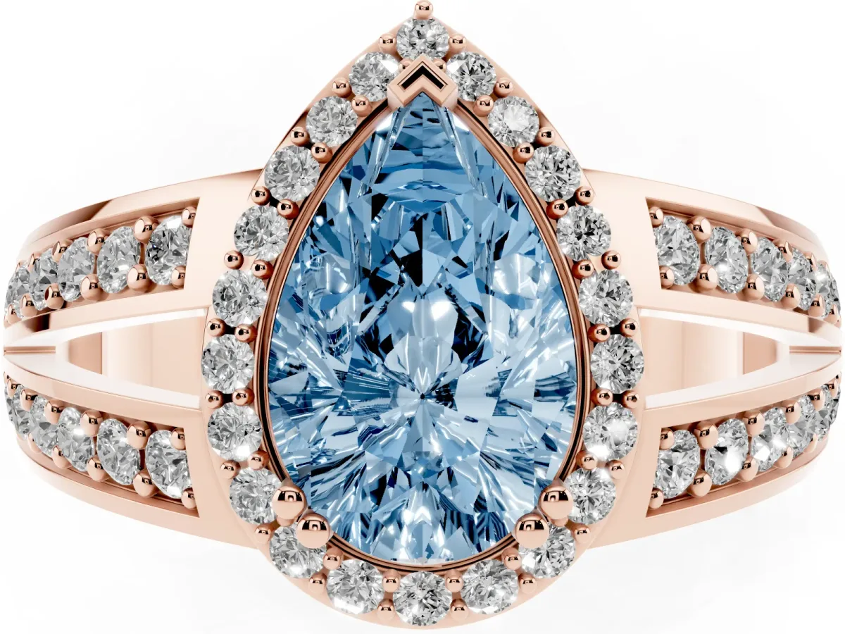 Fancy Blue Pear Cut Diamond Halo Ring with Split Shank Pavé Band and Four-Prong Setting Rose gold