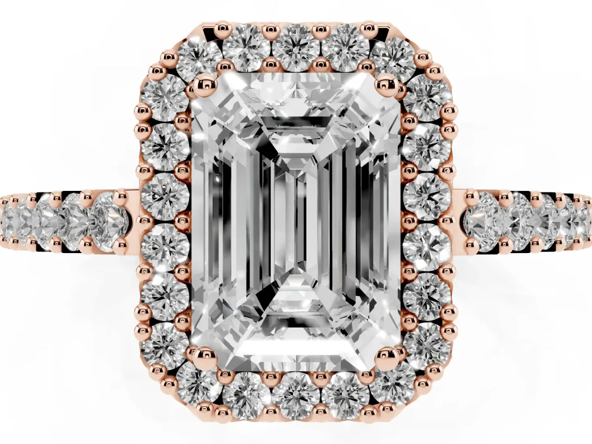 Emerald Cut Halo Diamond Pavé Solitaire Ring Rose gold