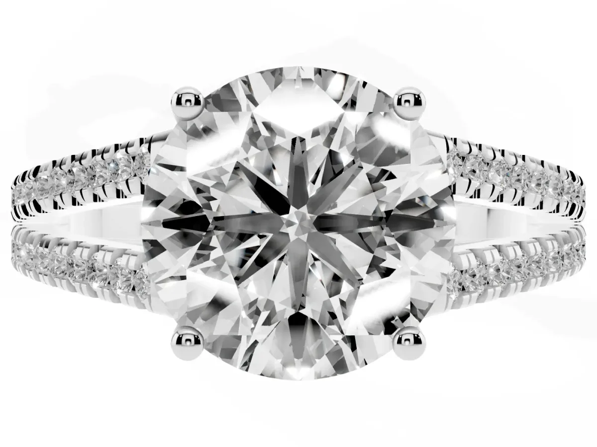 Round Cut Diamond Solitaire Engagement Ring with Split Shank Pavé Band Silver