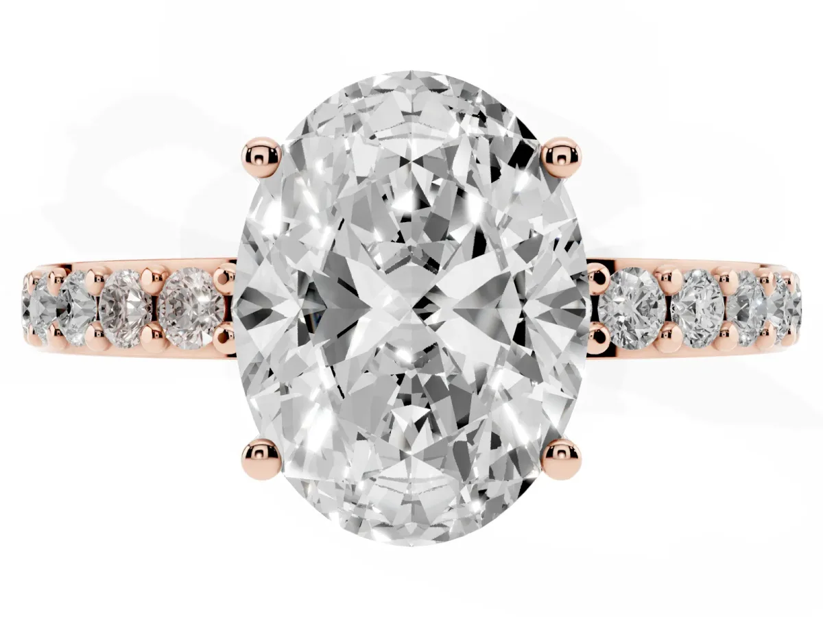Oval Cut Cut Diamond Solitaire with Pave Band and Four-Prong Setting Rose gold