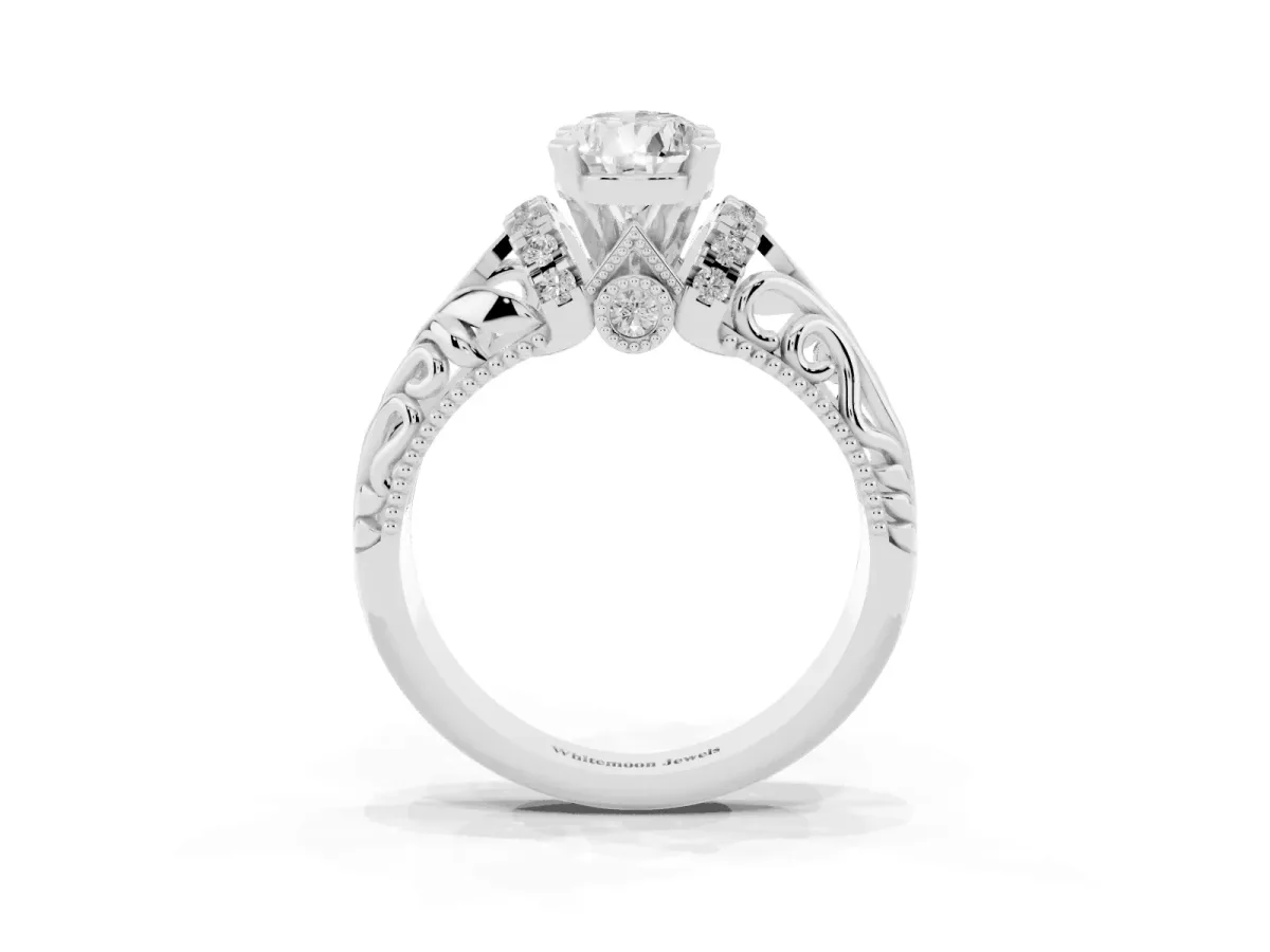 Pear Cut Solitaire Filigree Engagement Ring with Halo and Prong Setting Silver