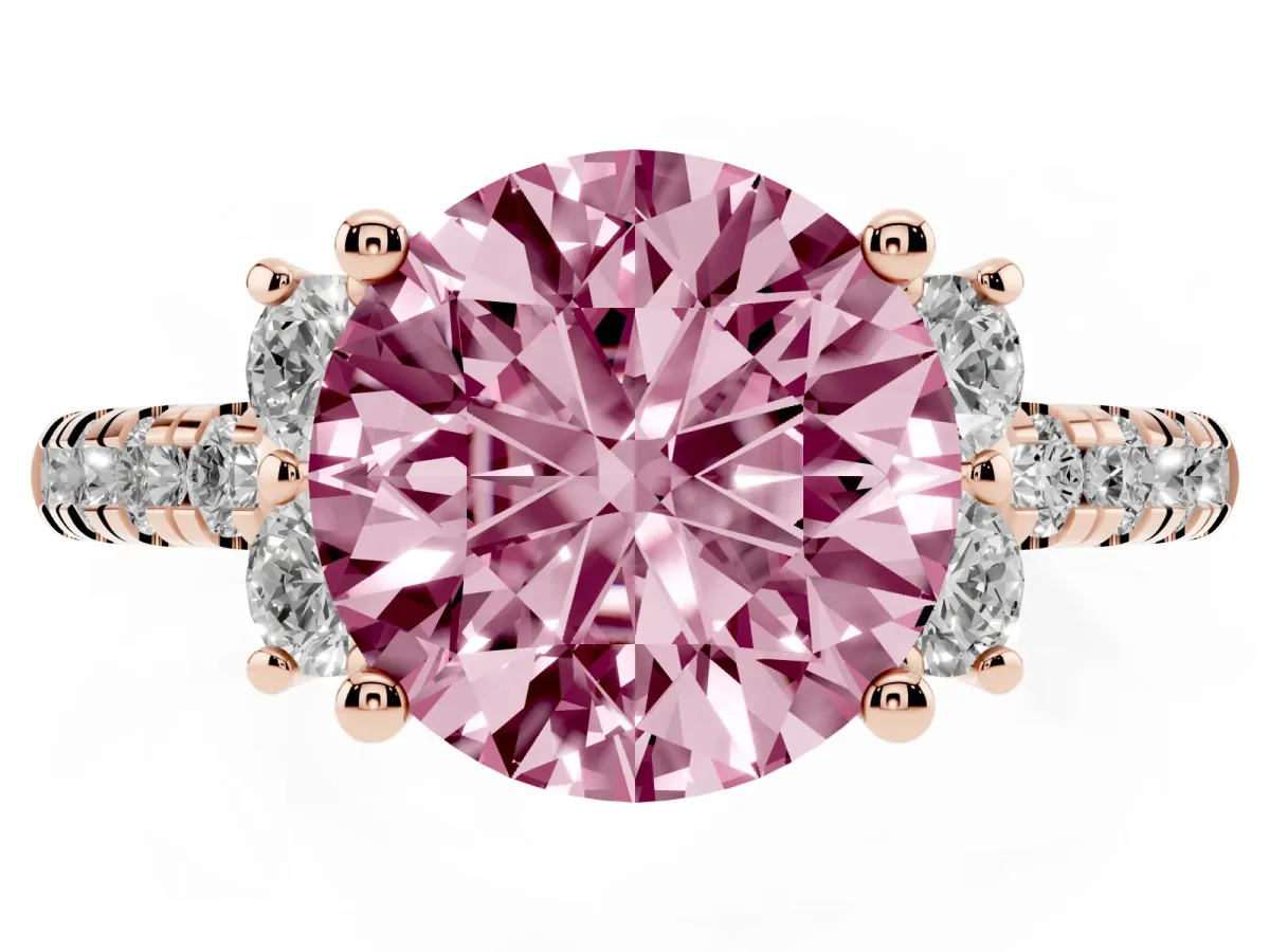 Fancy Pink Round Cut Diamond Three-Stone Pave Band with Four-Prong Setting Rose gold