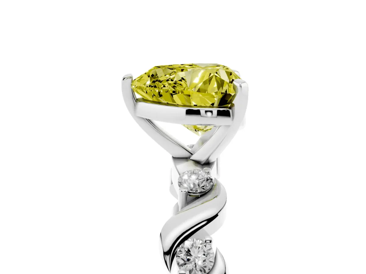 Fancy Yellow Heart Cut Diamond Solitaire Twisted Band with Round Accents and Prong Setting White gold