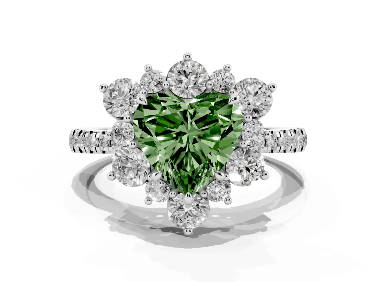 Fancy Green Heart Cut Diamond Floral Halo Ring with Round Pavé Band and Prong Setting Silver