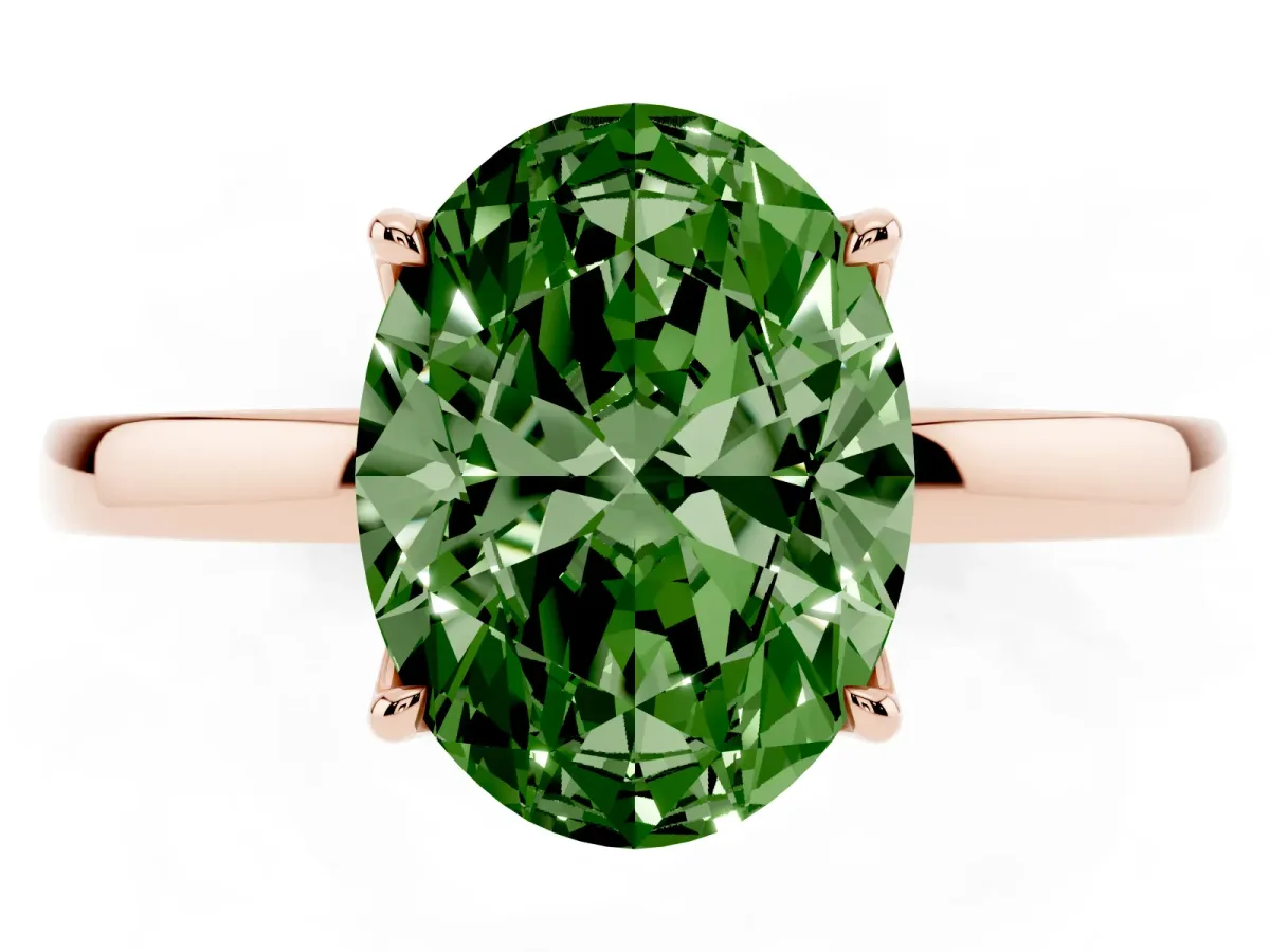 Fancy Green Oval Cut Diamond Solitaire Ring with Thin Band and Prong Setting Rose gold
