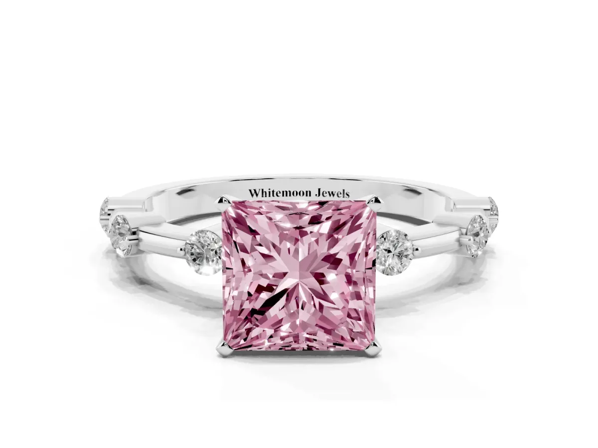Fancy Pink Princess Cut Solitaire Diamond Ring with Bezel Set Side Stones and Prong Setting Silver