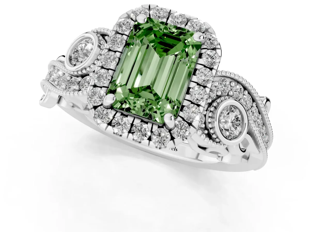 Fancy Green Emerald Cut Halo Diamond Ring with Milgrain and Bezel Accents on a Split Shank Band White gold