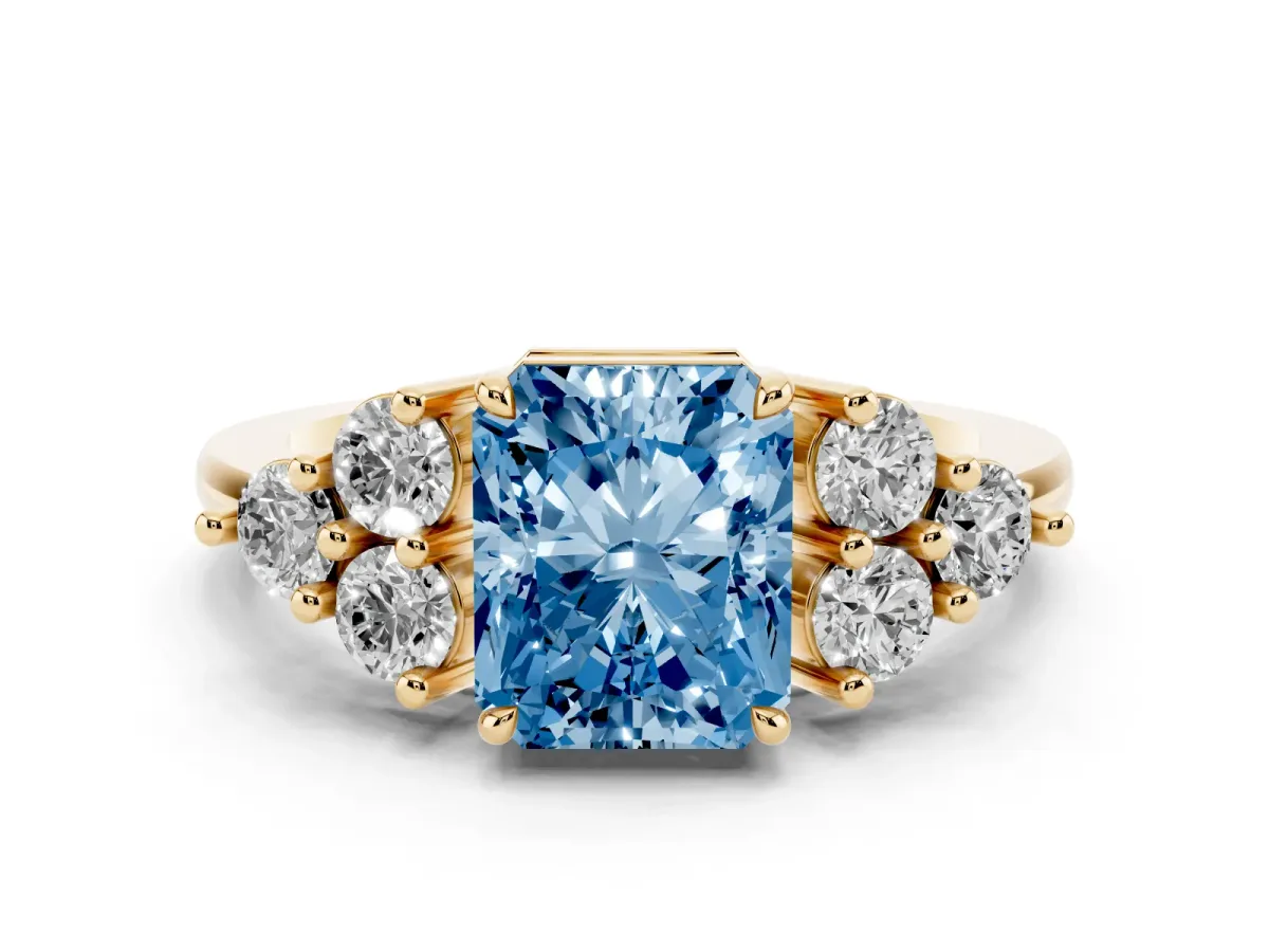 Fancy Blue Radiant Cut Brilliant Diamond Cluster Accent Solitaire Ring with Prong Setting Yellow gold