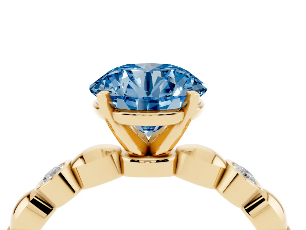 Fancy Blue Round Cut Solitaire Bezel-Set Diamond Ring with Beaded Band and Four-Prong Setting Yellow gold