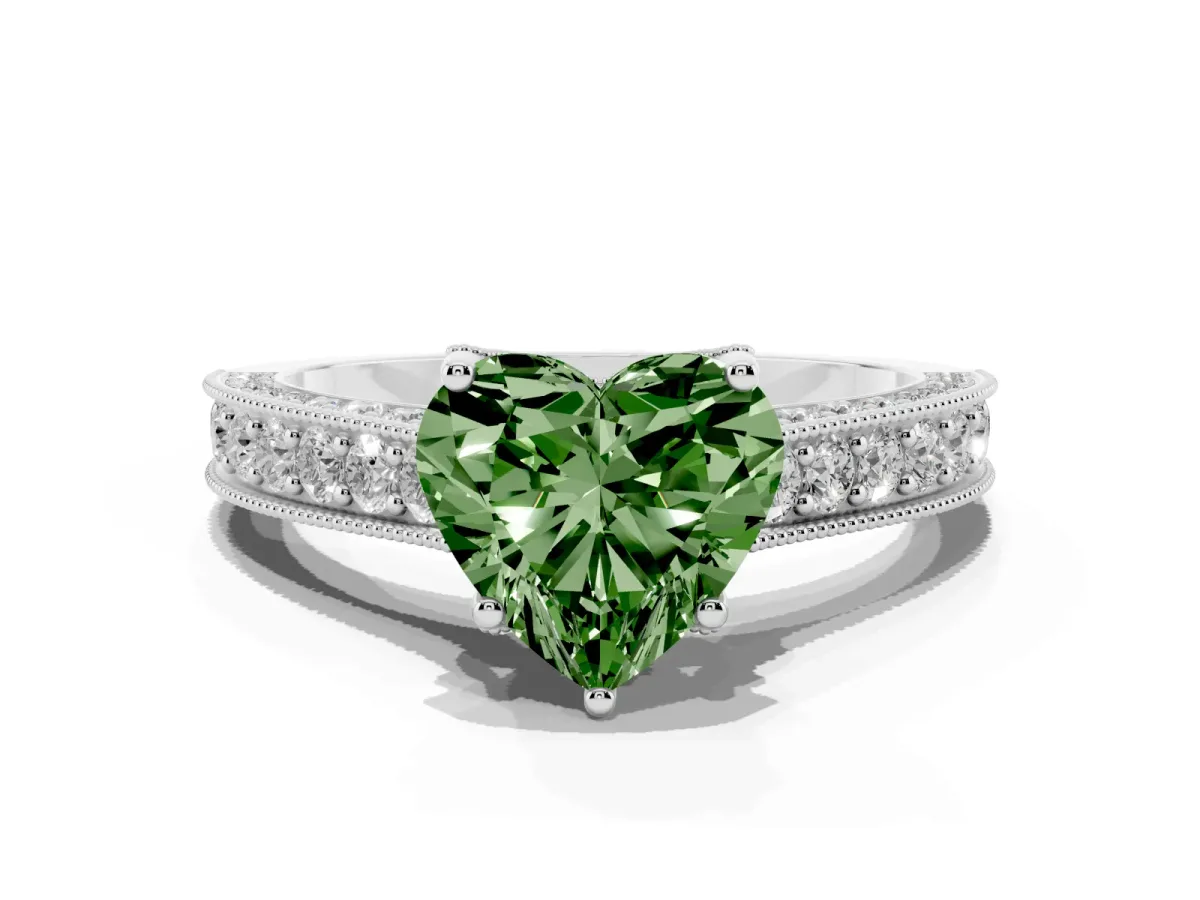 Fancy Green Heart Cut Cut Diamond Solitaire Ring with Milgrain Pave Band and Four Prong Setting Platinum