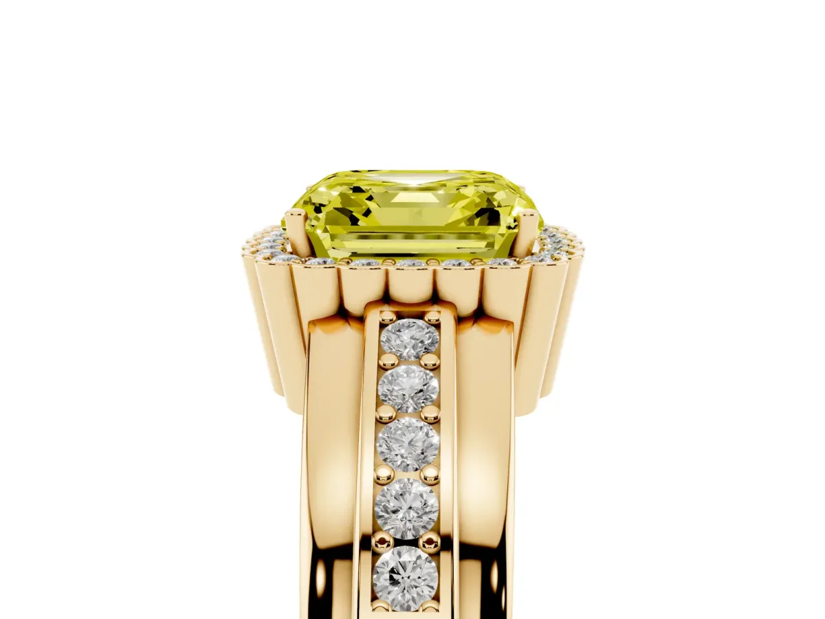 Fancy Yellow Asscher Cut Cut Halo Pave Band Four-Prong Ring Yellow gold
