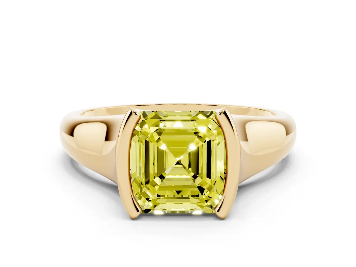Fancy Yellow Asscher Cut Solitaire Tension Set Diamond Ring with Split Shank Band Yellow gold