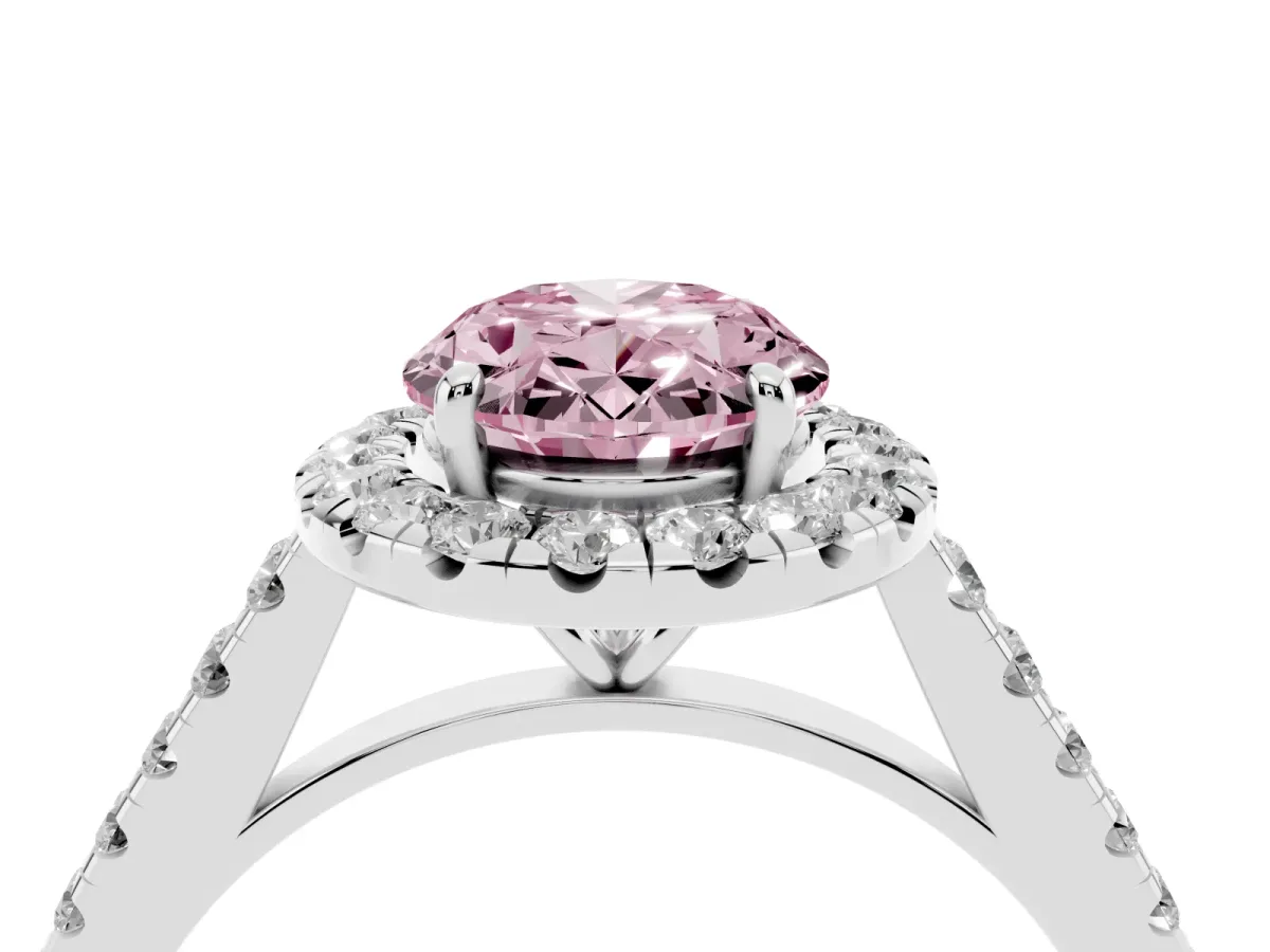 Fancy Pink Oval Cut Halo Pave Diamond Engagement Ring with Four-Prong Setting Silver