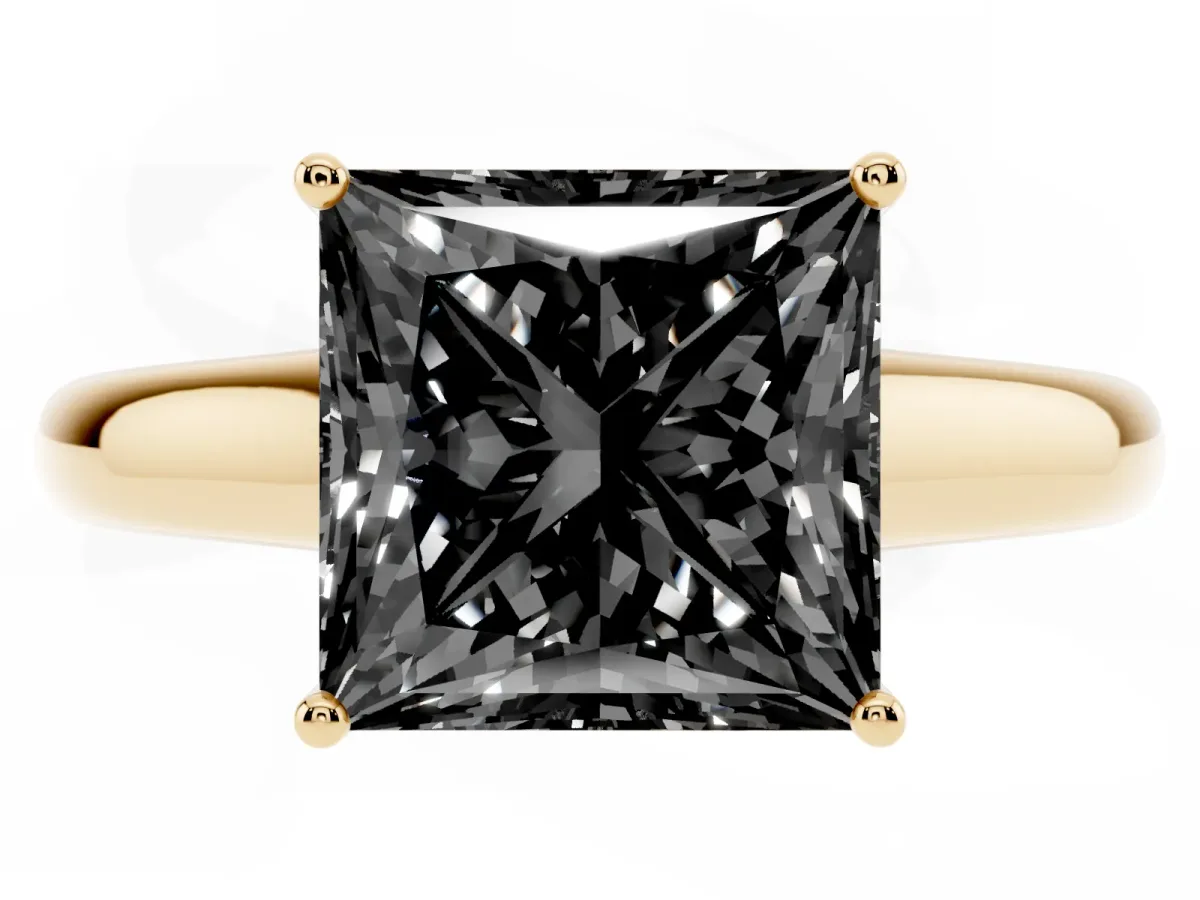 Fancy Black Princess Cut Solitaire Engagement Ring with Tapered Band and Four-Prong Setting Yellow gold