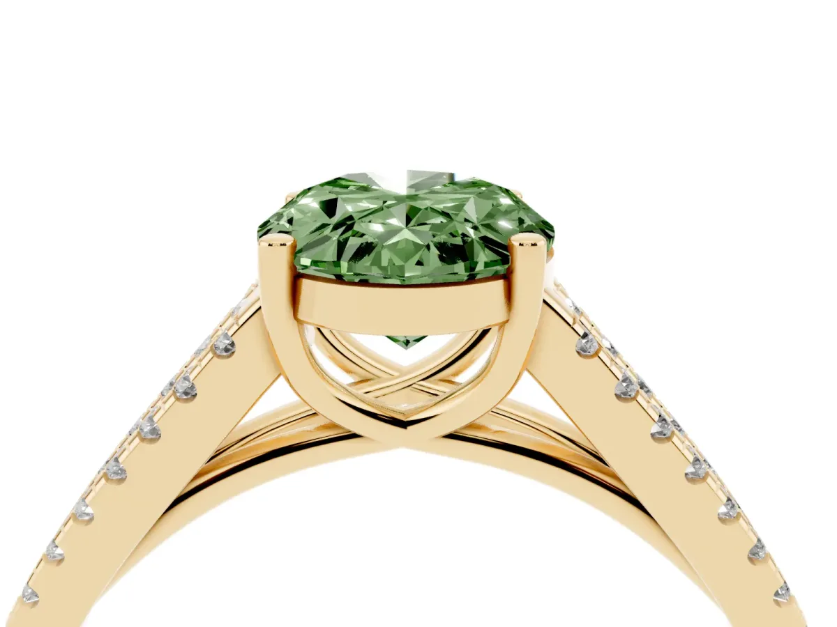 Fancy Green Oval Cut Diamond Solitaire Engagement Ring with Split Shank Pavé Band Yellow gold