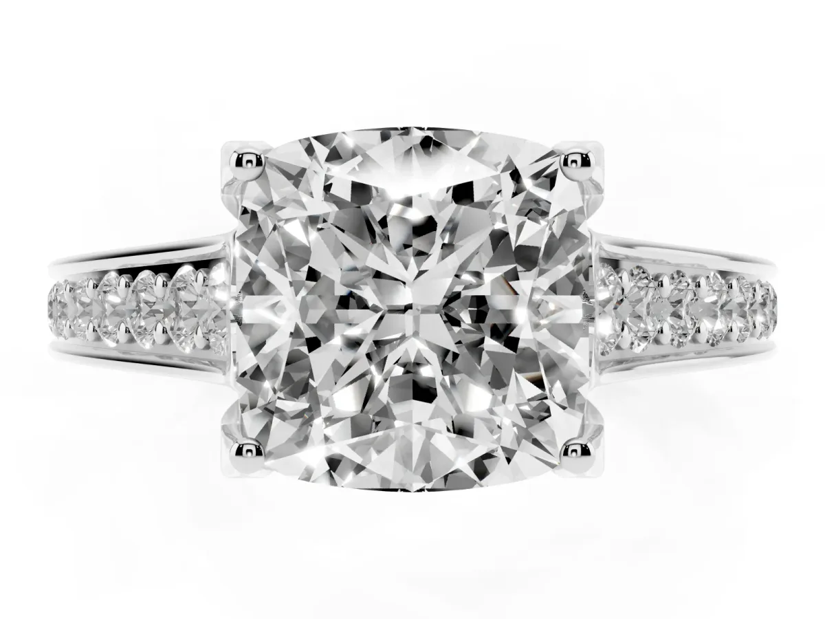 Cushion Cut Brilliant Cut Diamond Engagement Ring with Pavé Band and Four-Prong Setting Silver