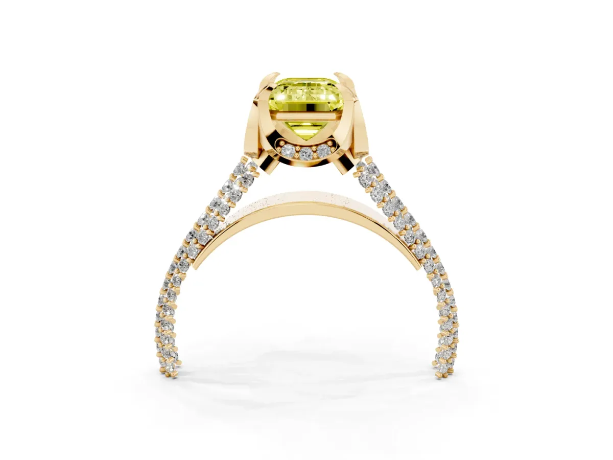 Fancy Yellow Emerald Cut Solitaire Pave Split Shank Ring with Four-Prong Setting Yellow gold