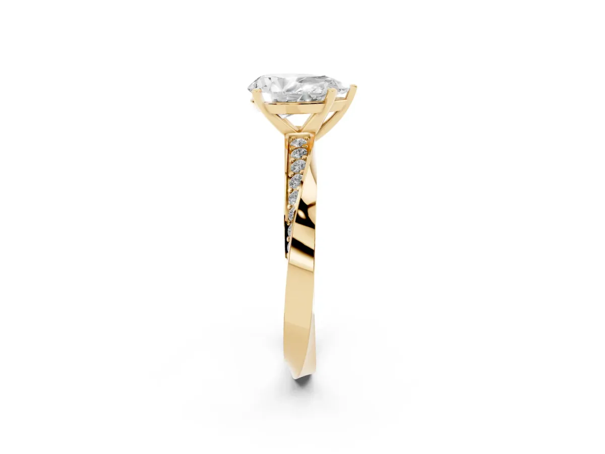 Pear Cut Diamond Engagement Ring with Side Stone Accents and Four-Prong Setting Yellow gold