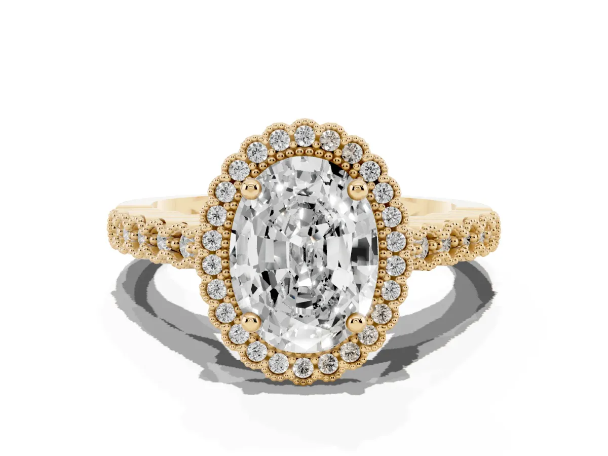 Oval Cut Cut Halo Pavé Solitaire Ring with Milgrain Band Yellow gold