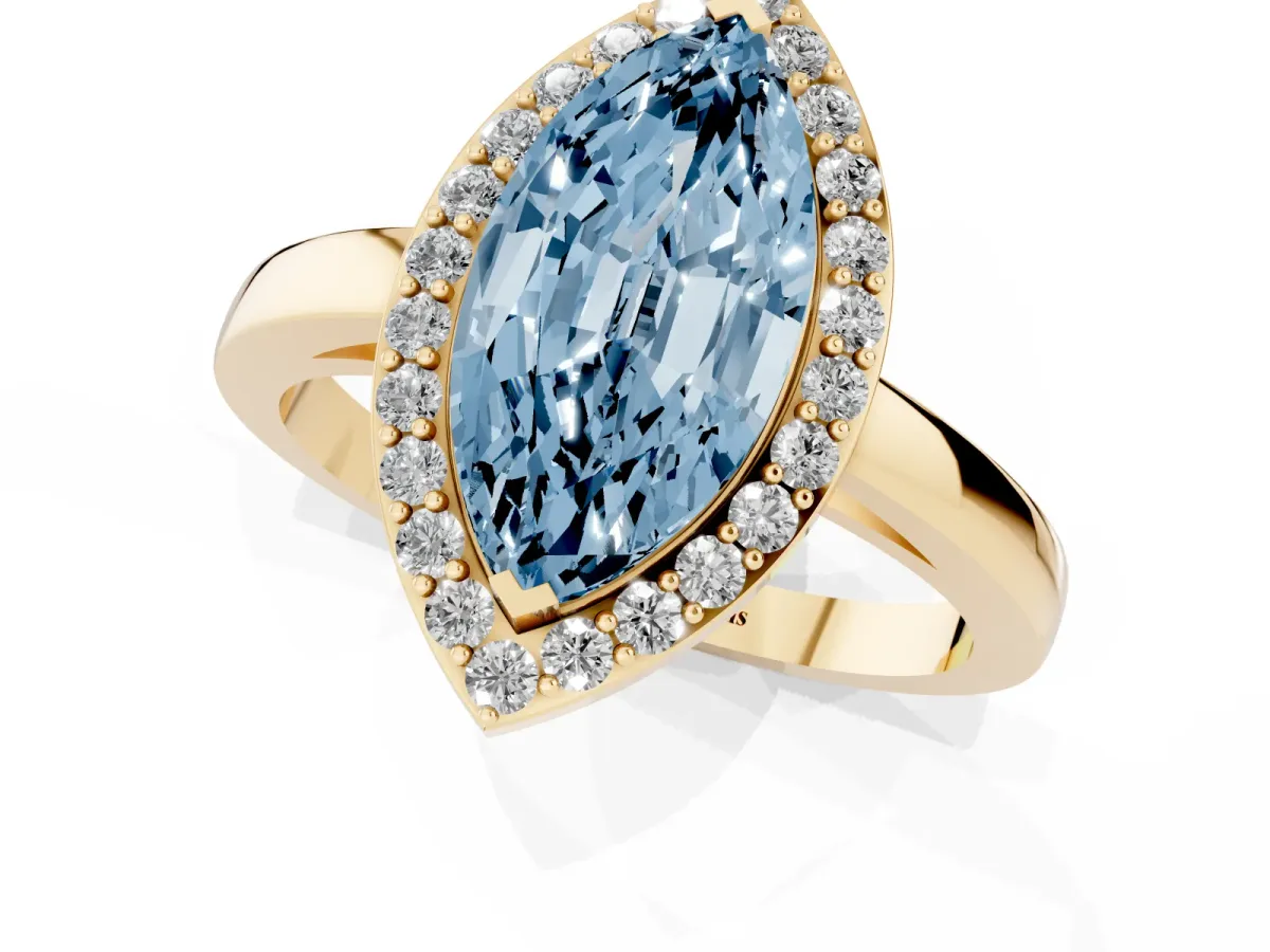Fancy Blue Marquise Cut Halo Diamond Ring with Solitaire Band and Prong Setting Yellow gold