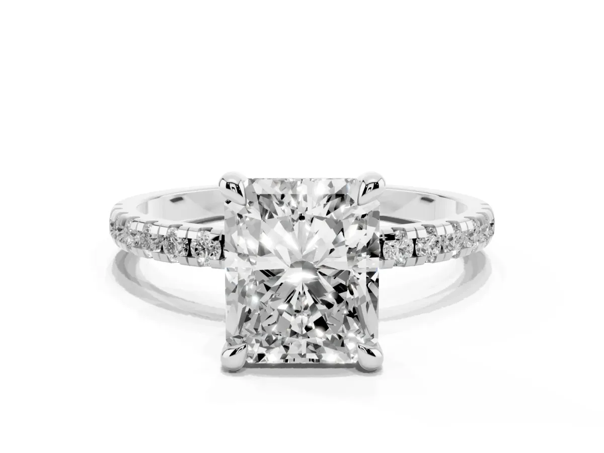 Radiant Cut Diamond Brilliant Solitaire Ring with Pavé Band and Four-Prong Setting Platinum