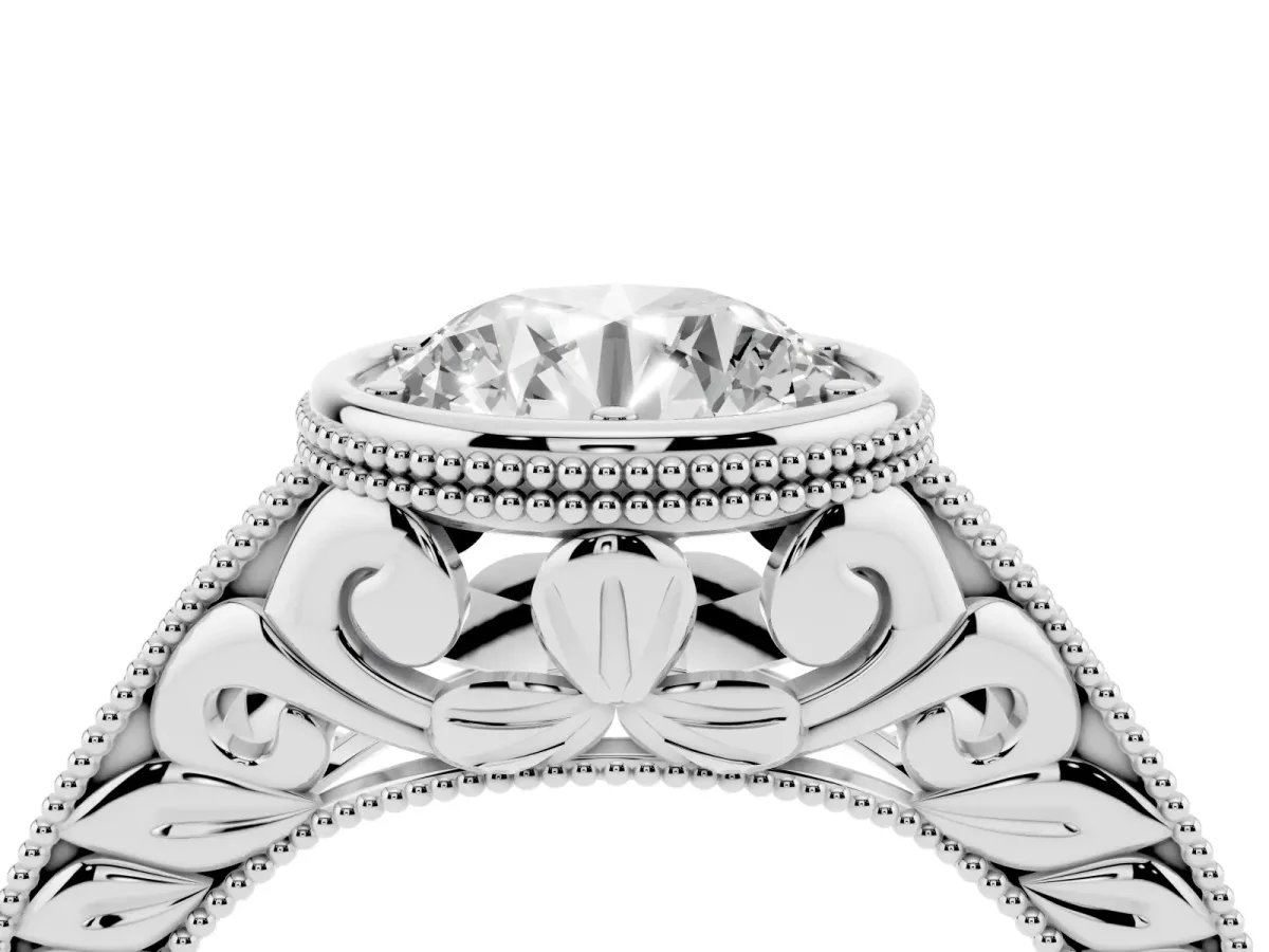 Bezel Set Round Cut Diamond Milgrain Pave Engagement Ring Silver