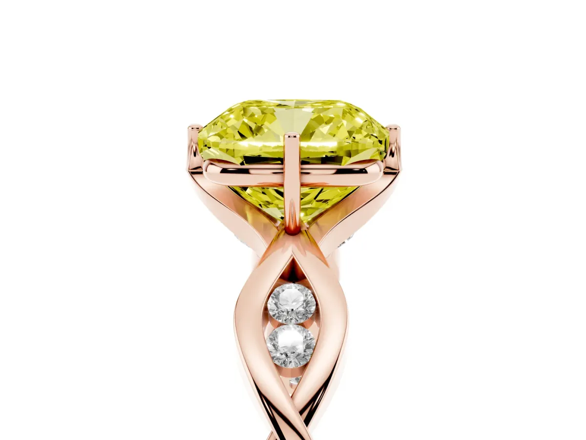 Fancy Yellow Cushion Cut Solitaire Twist Band with Leaf Prong Setting Rose gold