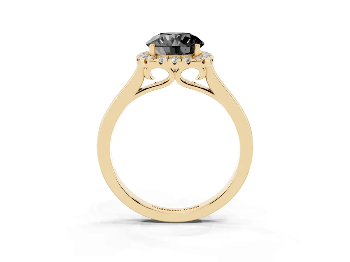 Fancy Black Round Cut Halo Round Diamond Solitaire Ring with Pavé Band and Four-Prong Setting Yellow gold
