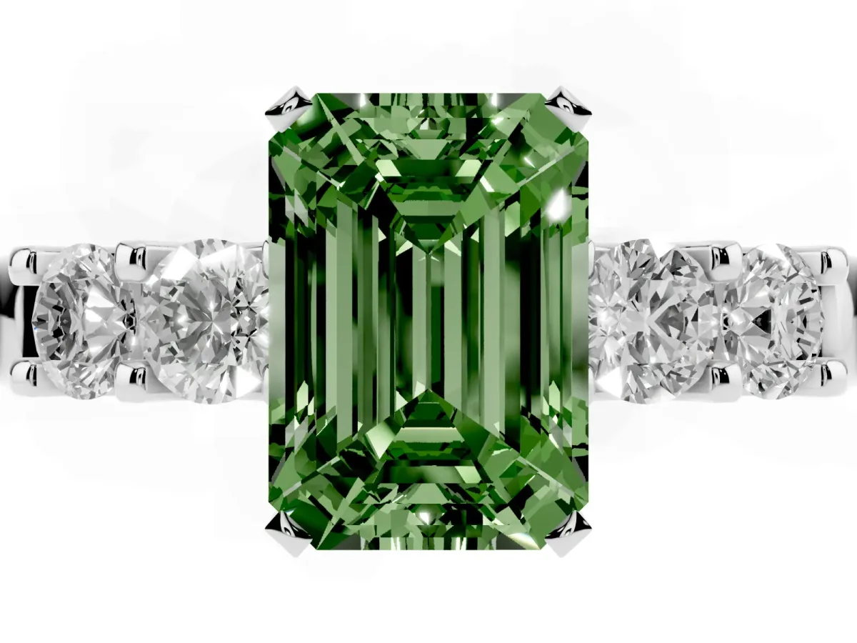 Fancy Green Emerald Cut Brilliant Cut Diamond Five-Stone Prong Set Engagement Ring with Channel Band Silver