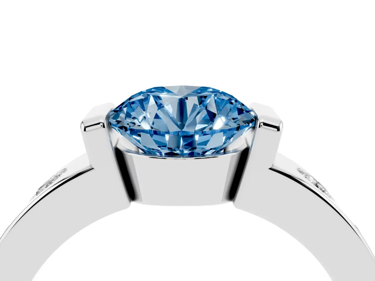 Fancy Blue Round Cut Brilliant Channel-Set Diamond Ring with Bezel Prong Setting Silver