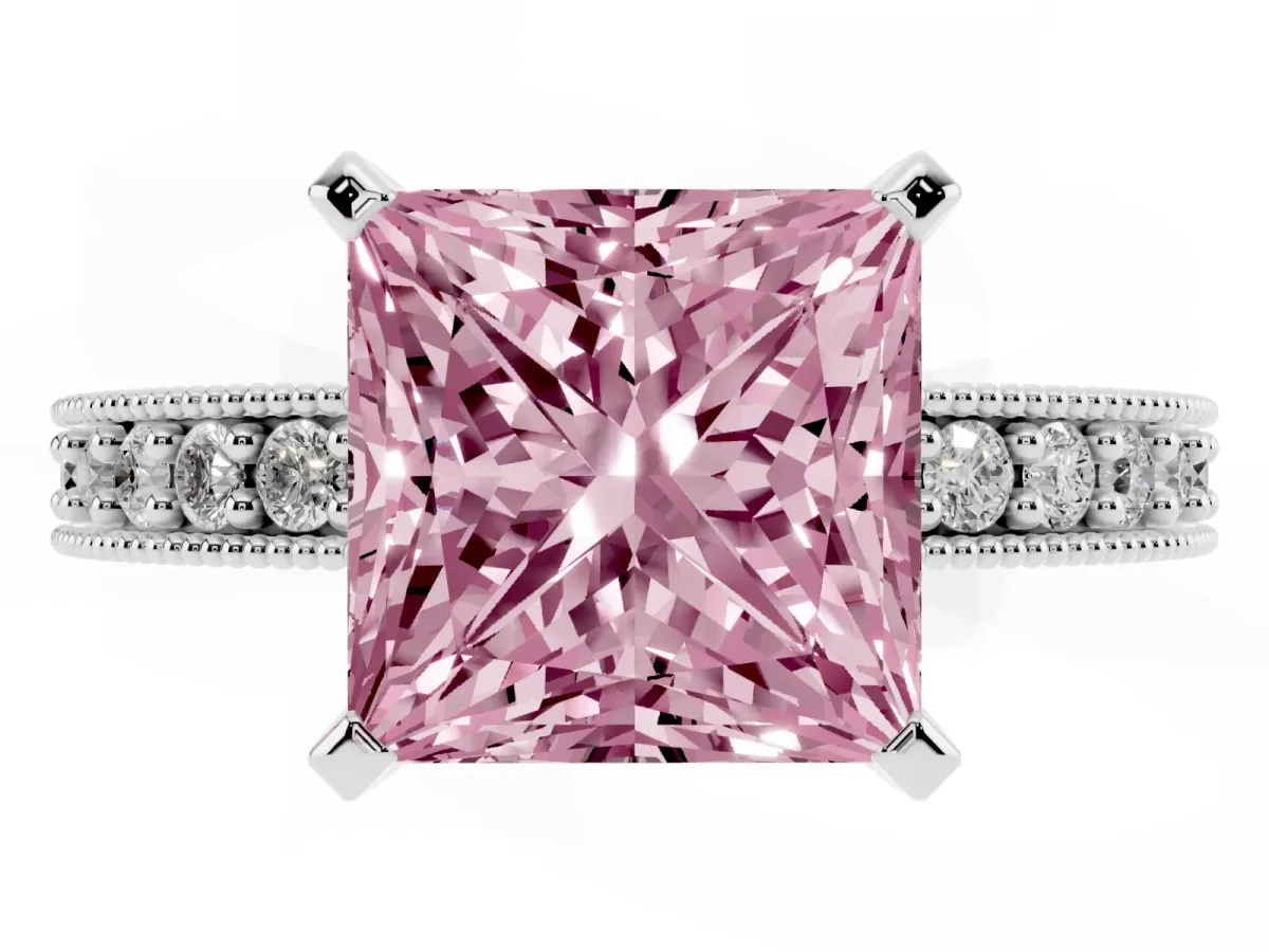 Fancy Pink Princess Cut Diamond Milgrain Pavé Engagement Ring with Four-Prong Setting Silver