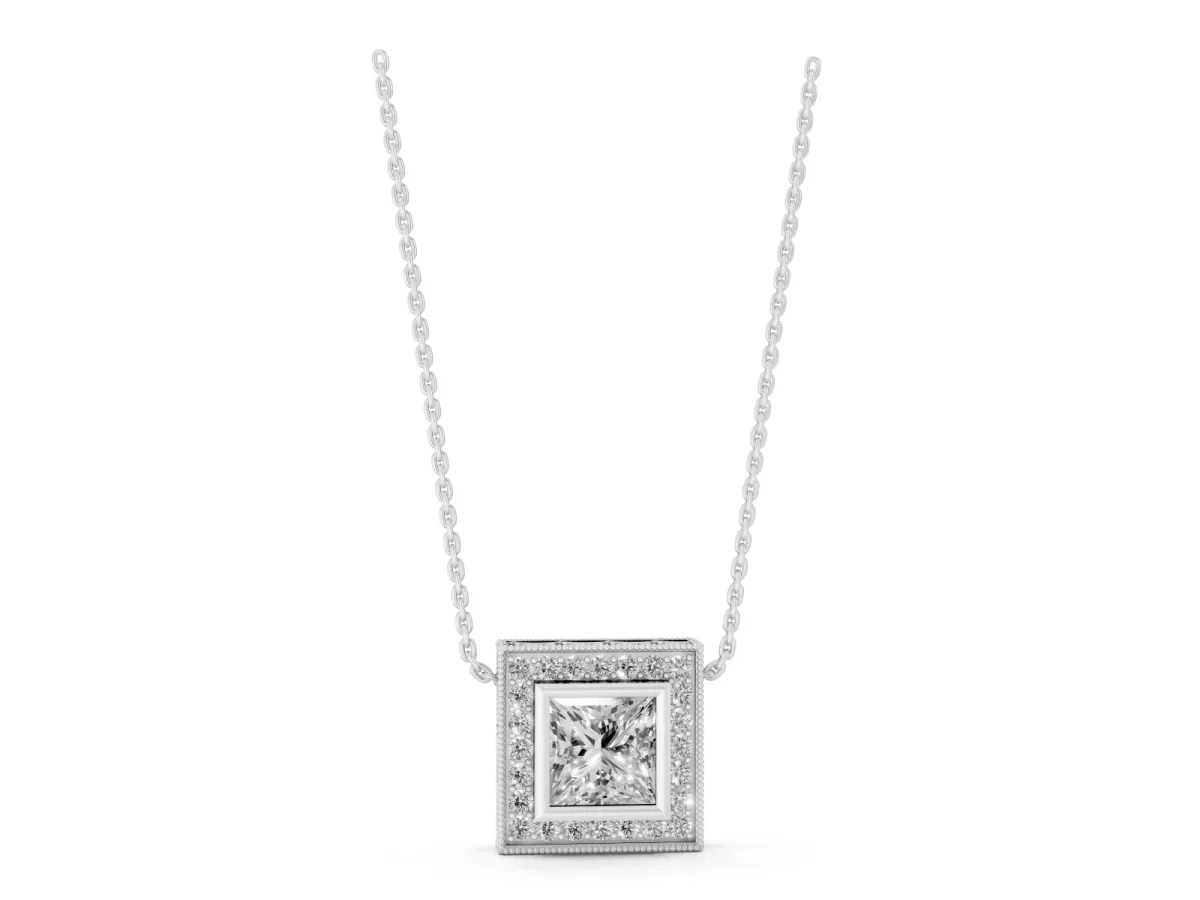 Princess Cut Halo Bezel Pendant Silver