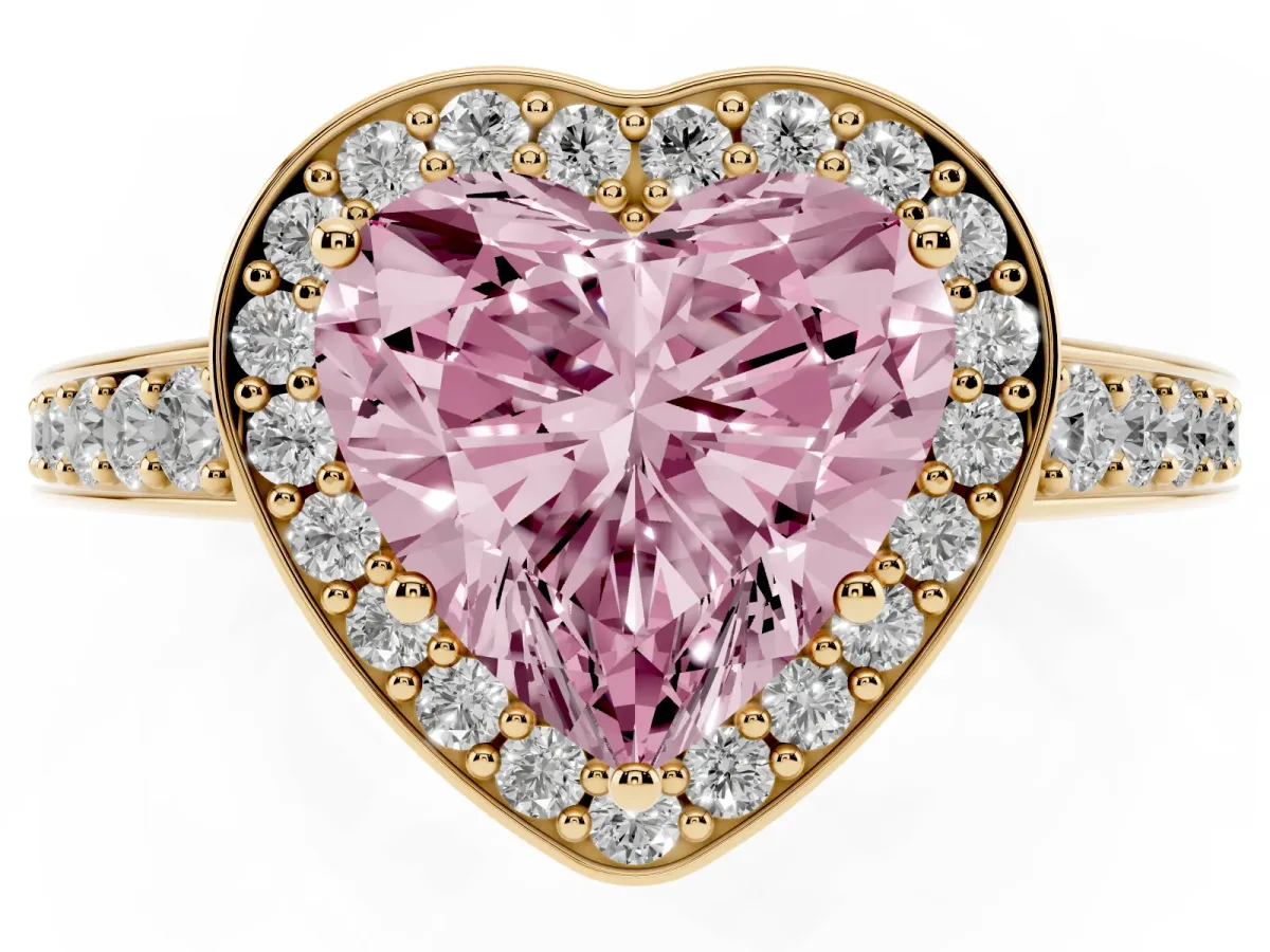 Fancy Pink Heart Cut Halo Pavé Diamond Engagement Ring with Bezel Setting Yellow gold