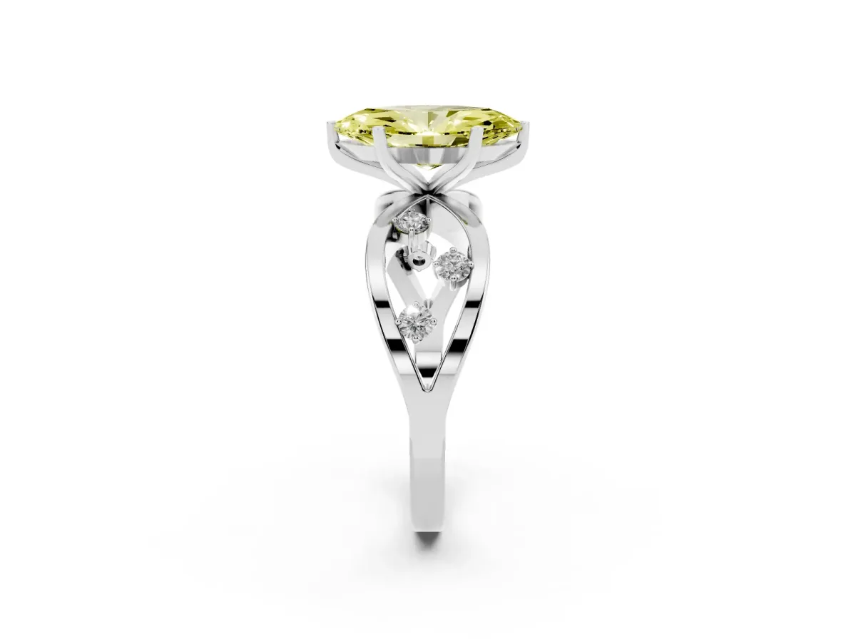 Fancy Yellow Marquise Cut Cut Solitaire Diamond with Side Stones on Criss-Cross Band and Four-Prong Setting Platinum