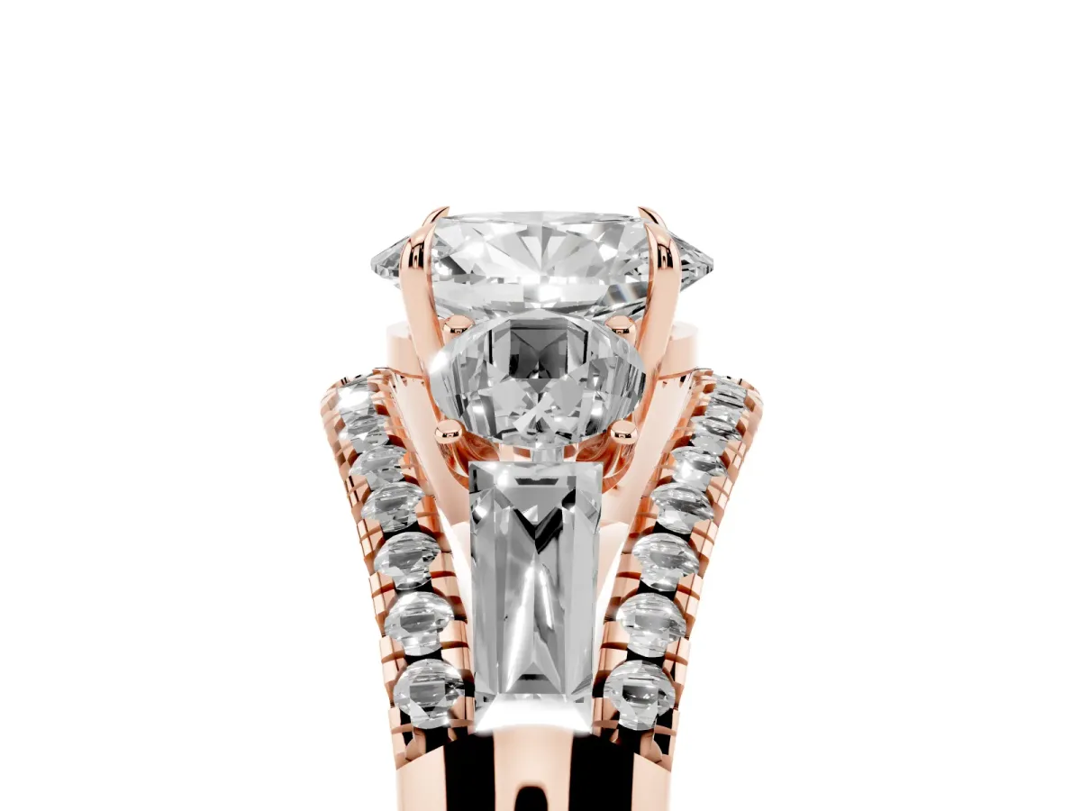 Three-Stone Oval Cut Diamond Engagement Ring with Pave Band and Prong Setting Rose gold