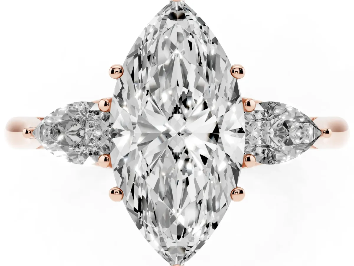 Three-Stone Marquise Cut Brilliant Diamond Solitaire Ring with Tapered Band and Four-Prong Setting Rose gold