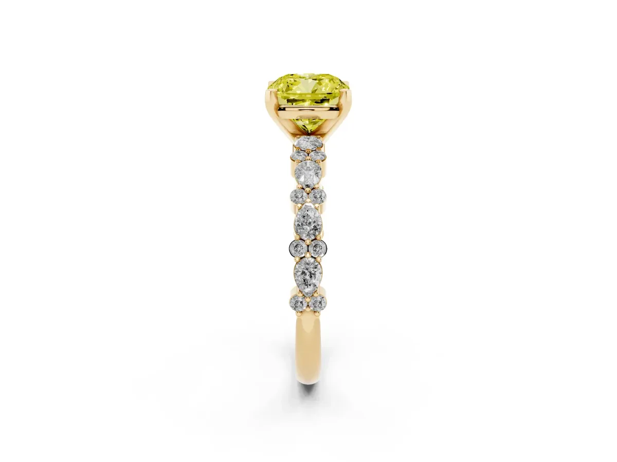 Fancy Yellow Cushion Cut Diamond Side Stone Solitaire Ring with Round and Four-Prong Setting Yellow gold