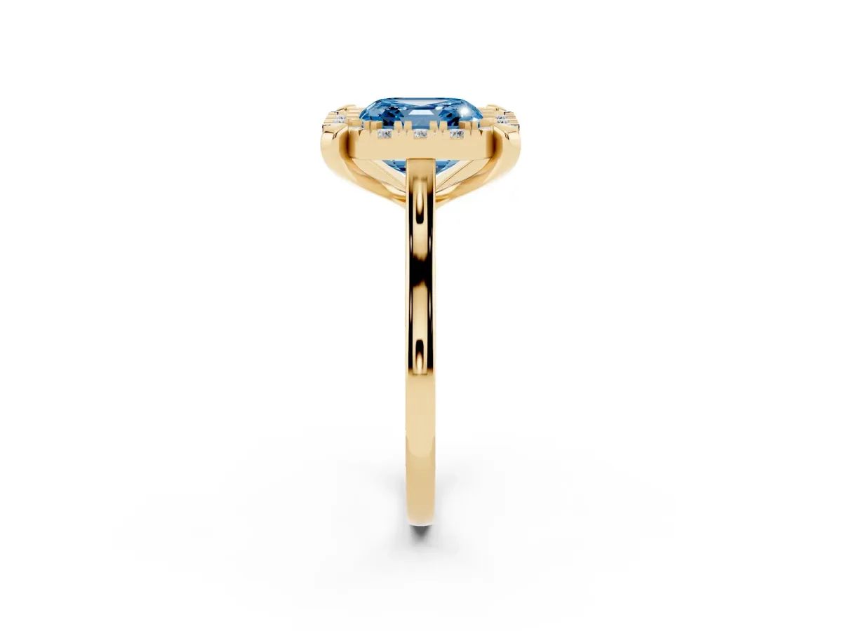 Fancy Blue Asscher Cut Diamond Cluster Halo Solitaire with Four-Prong Setting Yellow gold