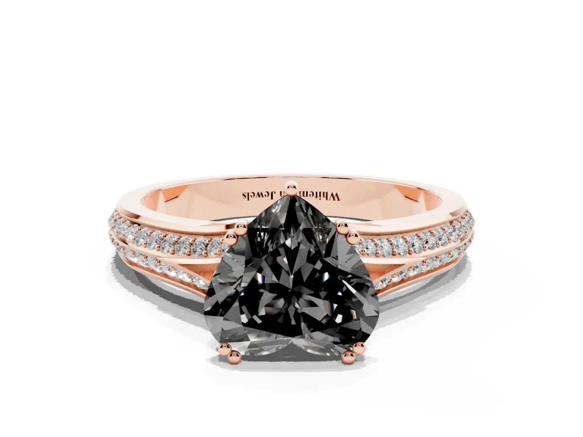 Fancy Black Heart Cut Diamond Split Shank Engagement Ring with Pavé Band Rose gold