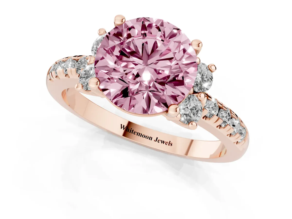 Fancy Pink Round Cut Diamond Three-Stone Pave Band with Four-Prong Setting Rose gold