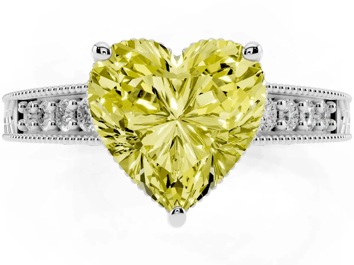 Fancy Yellow Heart Cut Solitaire Pavé Diamond Milgrain Engagement Ring with Four-Prong Setting Silver
