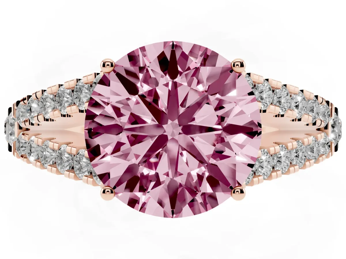 Fancy Pink Round Cut Diamond Split Shank Pavé Engagement Ring with Four-Prong Setting Rose gold