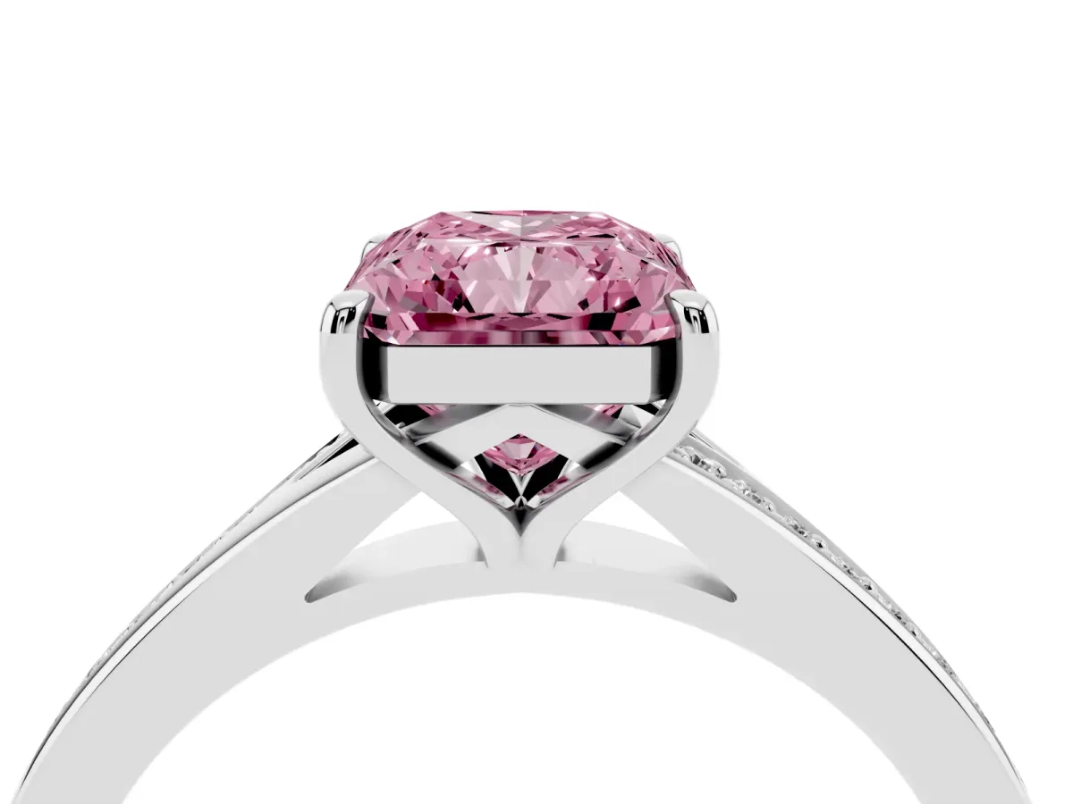 Fancy Pink Radiant Cut Diamond Solitaire Ring with Pavé Band and Prong Setting Silver