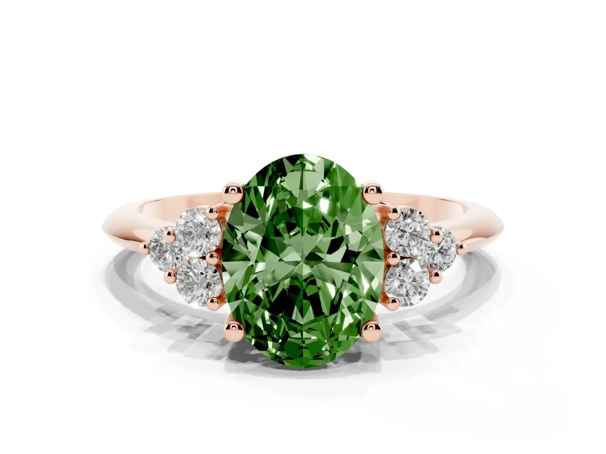 Fancy Green Oval Cut Cut Diamond Cluster Ring with Solitaire Band and Four-Prong Setting Rose gold