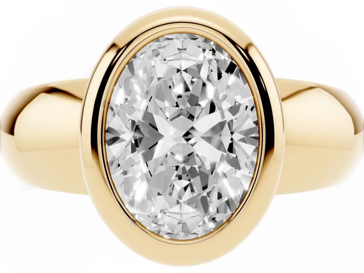 Bezel Set Oval Cut Solitaire Ring with Wide Band Yellow gold