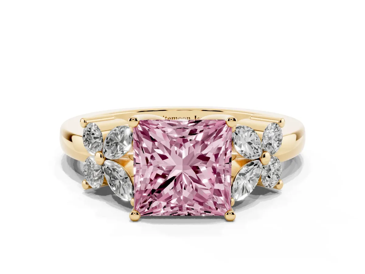 Fancy Pink Princess Cut Diamond Floral Cluster Ring with Solitaire Band and Prong Setting Yellow gold