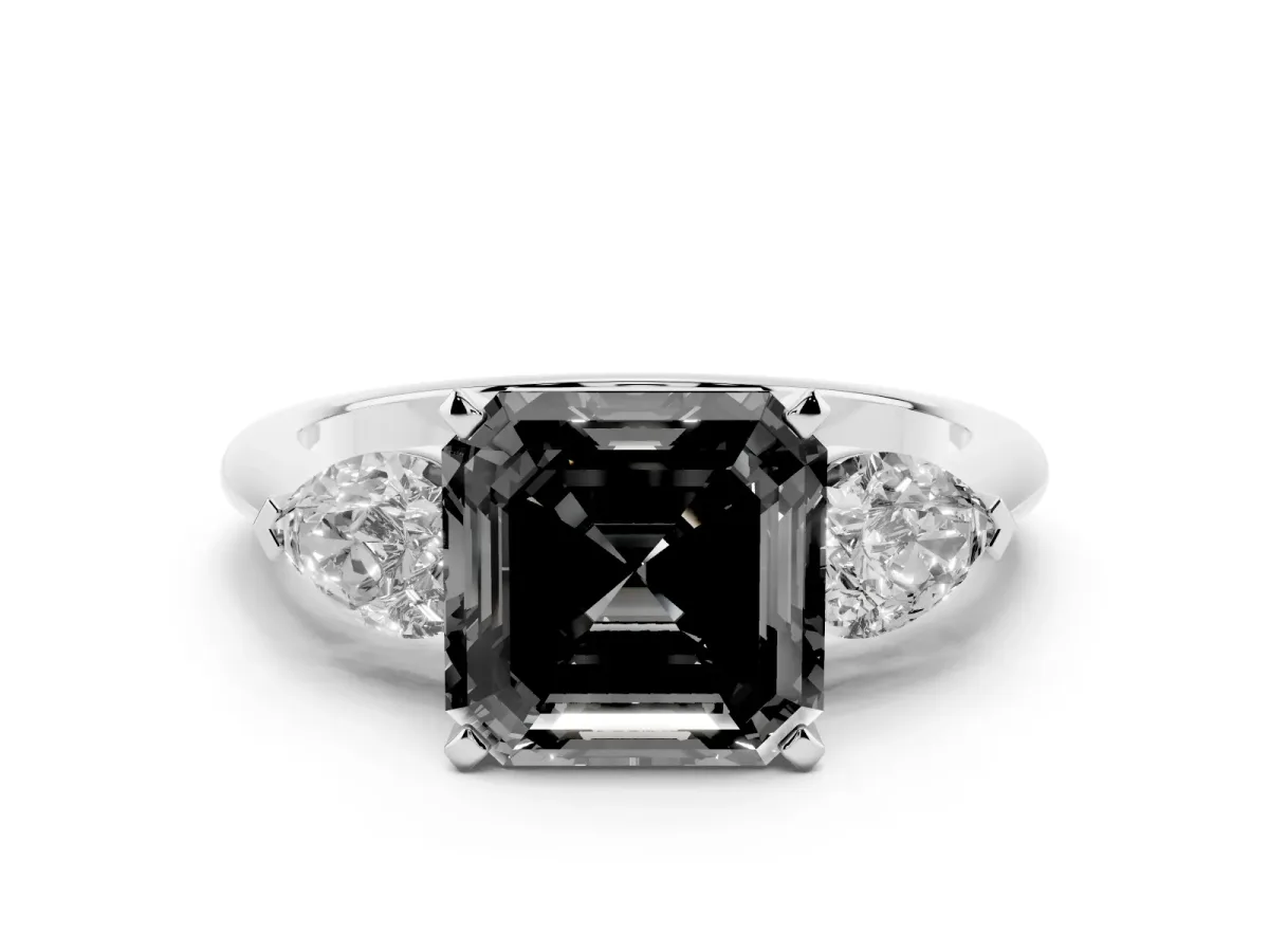 Fancy Black Three-Stone Asscher Cut Diamond Ring with Pear Side Stones and Four-Prong Setting Silver