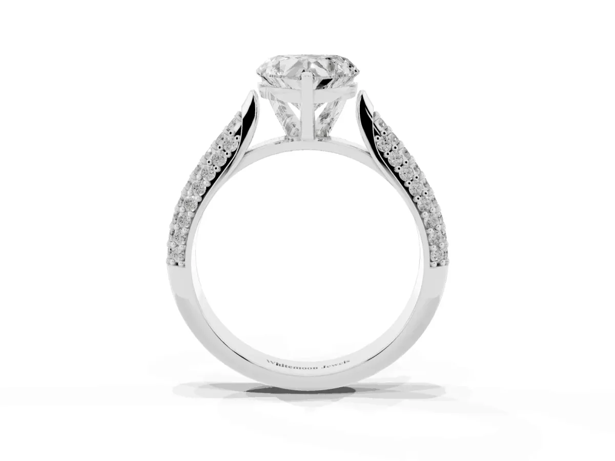 Heart Cut Diamond Solitaire Engagement Ring with Multi-Row Round Pavé Band and Prong Setting White gold