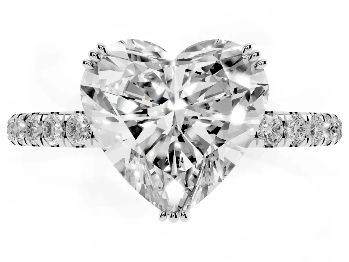 Heart Cut Brilliant Solitaire with Pavé Band and Claw Prong Setting Silver